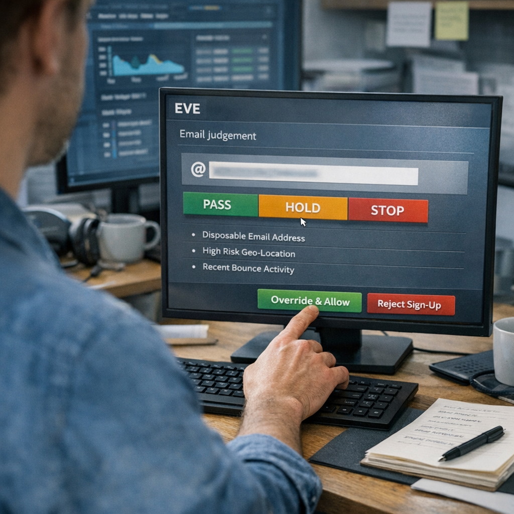 Financial services onboarding: an override policy for held email sign-ups