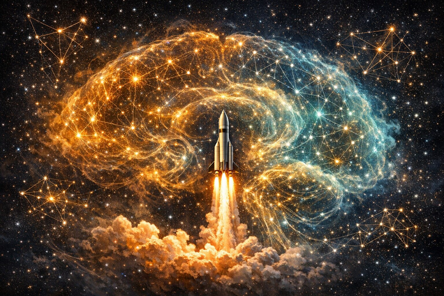 Rocket lifting off through a neural star field