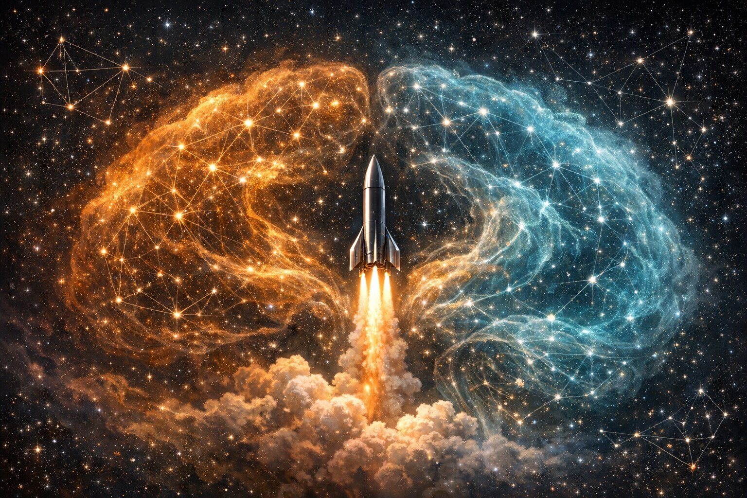 Rocket lifting off through a neural star field