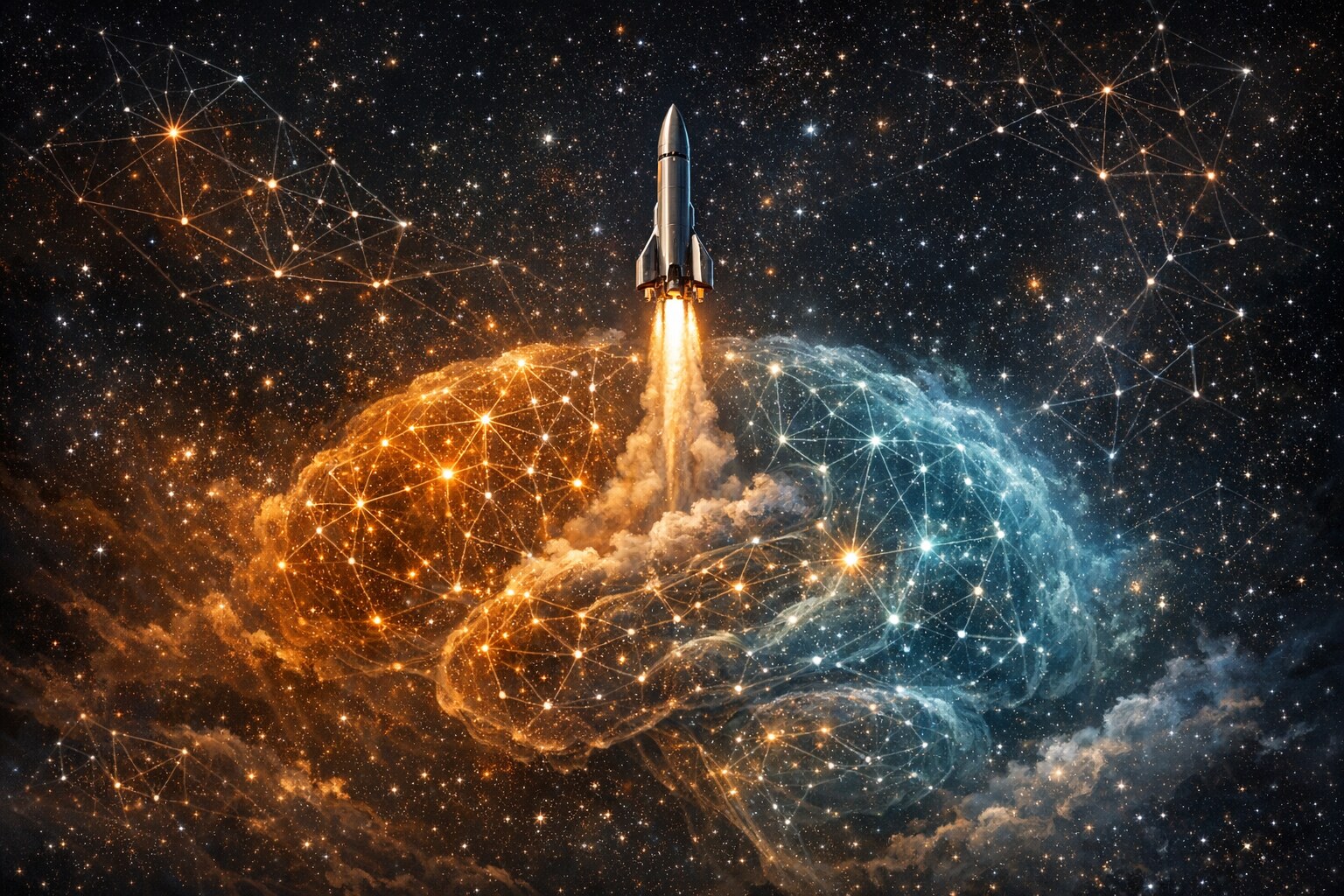 Rocket lifting off through a neural star field