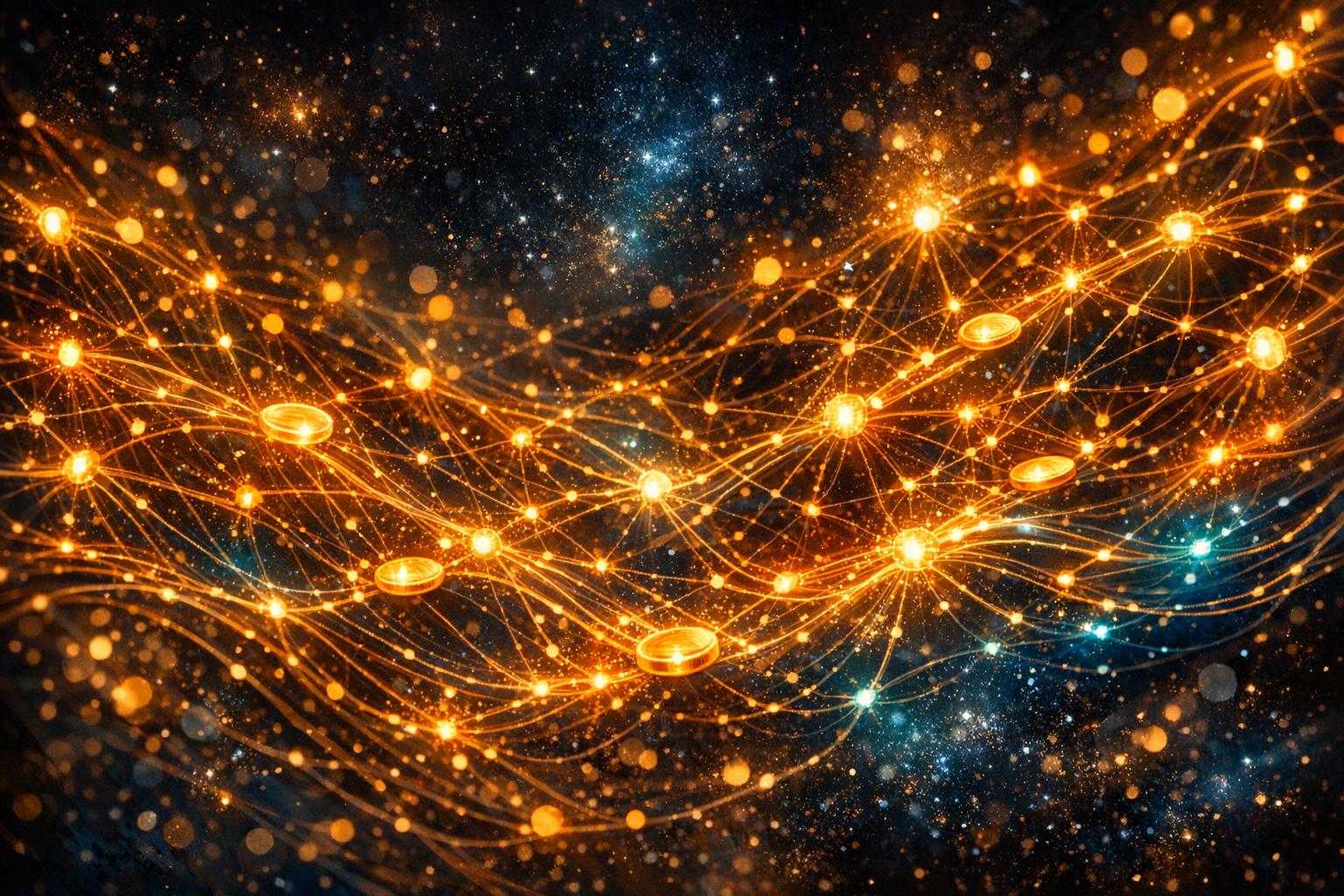 Digital reward cosmos with value-transfer arcs, redemption constellations and luminous reward pulses.