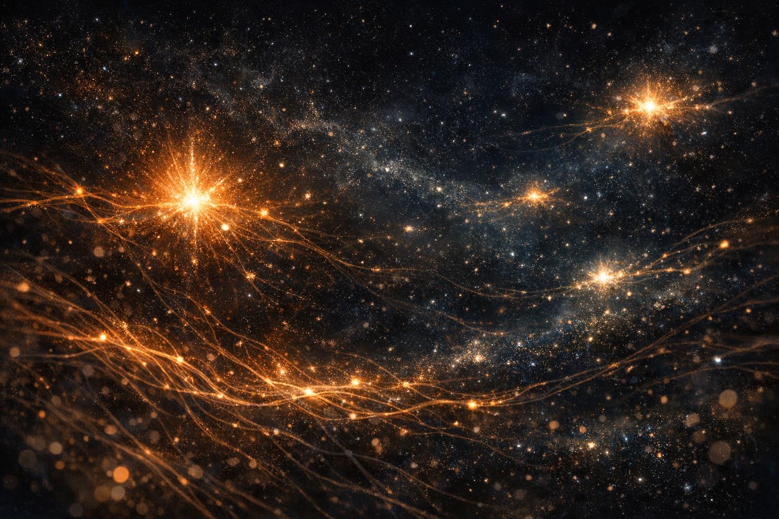 Cosmic editorial signal field with luminous memory clusters and governed publishing routes.